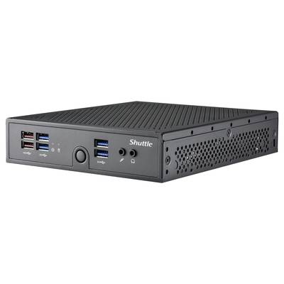 Ein schwarzer Mini-PC mit mehreren USB-Anschlüssen und einem Audiostecker auf der Vorderseite, Marke 'Shuttle'.