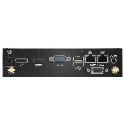 'Rückseite eines Geräts mit Anschlüssen: DP, HDMI, COM, vier USB-Ports, zwei Ethernet-Buchsen, ein VGA-Anschluss und Stromversorgung.'