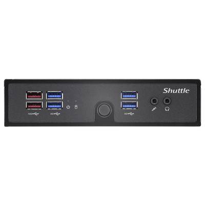 Ein schwarzer Frontpanel eines Shuttle-PCs mit mehreren USB-Ports, einem Powerknopf, einem Schloss-Symbol und Audioanschlüssen.