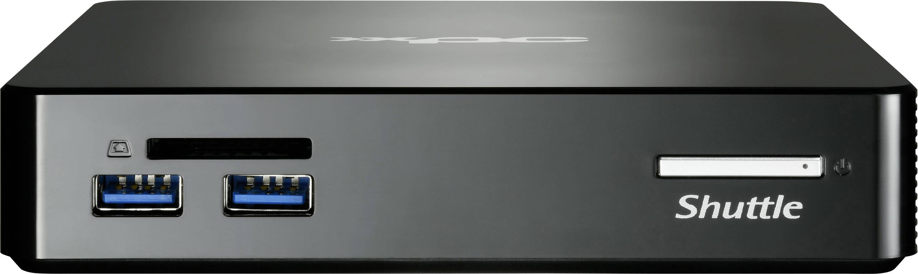 Ein kompakter schwarzer Computer mit USB-Anschlüssen und einem Speicherkartenslot auf der Vorderseite, Marke 'Shuttle'.