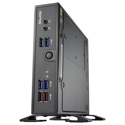 Kompakter schwarzer Computer-Tower mit USB-Anschlüssen vorne, aufrecht stehend auf Plastikfüßen. Markierung mit Pfeil und 'UP'.