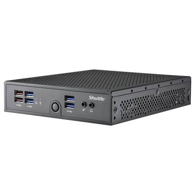 Ein kompakter, schwarzer Mini-PC mit Lüftungsschlitzen, mehreren USB-Anschlüssen und Audioanschlüssen auf der Vorderseite.