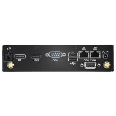 Rückseite eines Geräts mit Anschlüssen: DP, HDMI, COM, USB, Dual Ethernet, VGA und Stromanschluss. Geeignet für vielseitige Verbindungen.