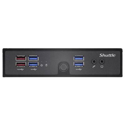 Ein schwarzes Bedienfeld mit vier USB-Ports, Kopfhöreranschluss und Mikrofonanschluss. Markenlogo 'Shuttle' in der rechten Ecke.