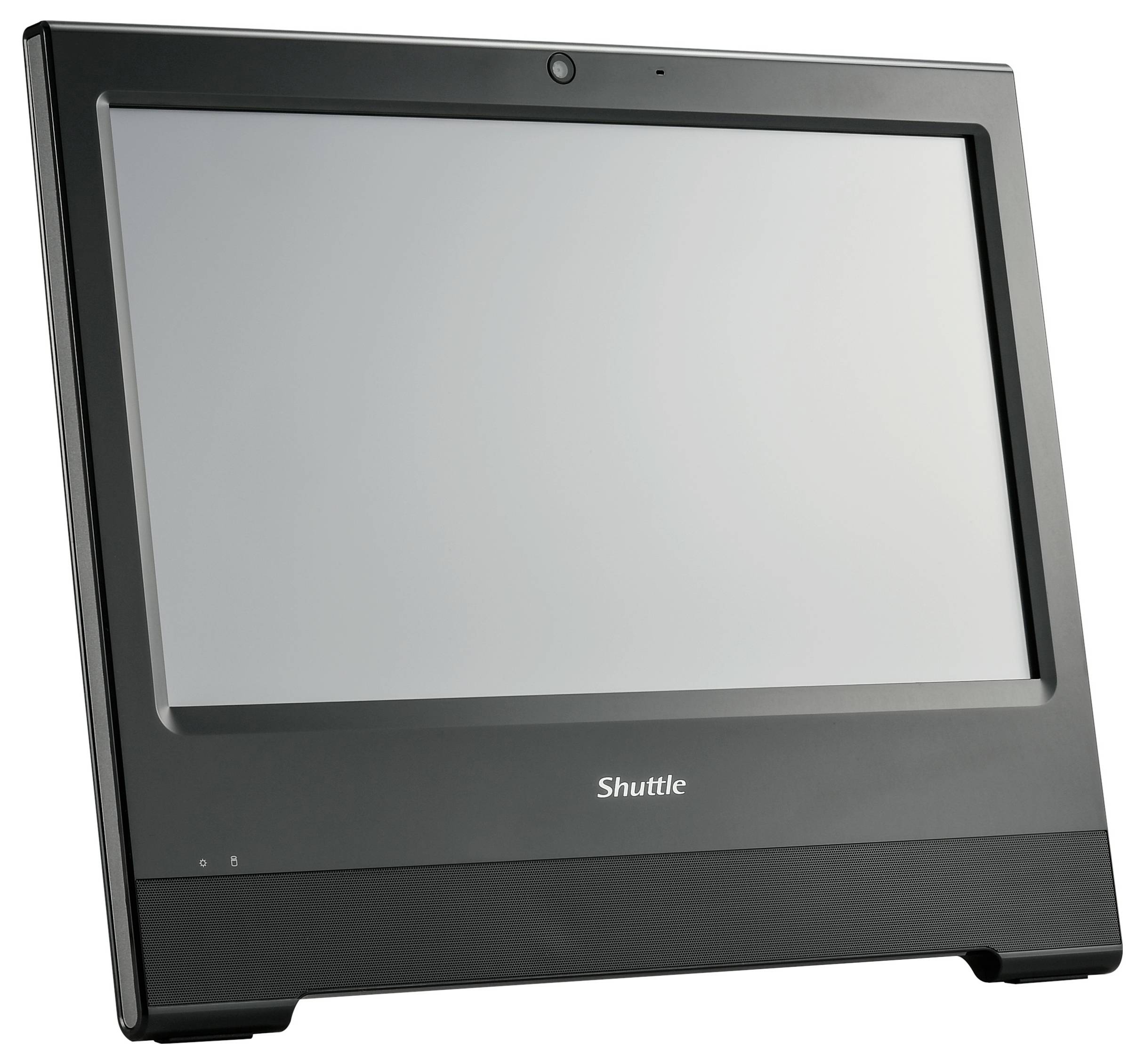 Ein schwarzer All-in-One-Computerbildschirm mit breitem Gehäuserahmen und einem Standfuß für stabilen Halt auf einer Oberfläche.