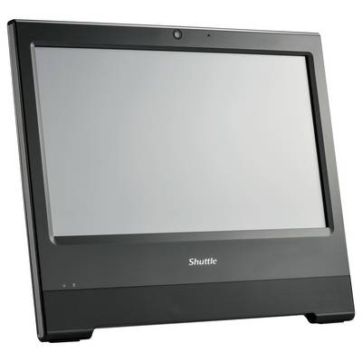 Ein schwarzer All-in-One-Computerbildschirm mit breitem Gehäuserahmen und einem Standfuß für stabilen Halt auf einer Oberfläche.