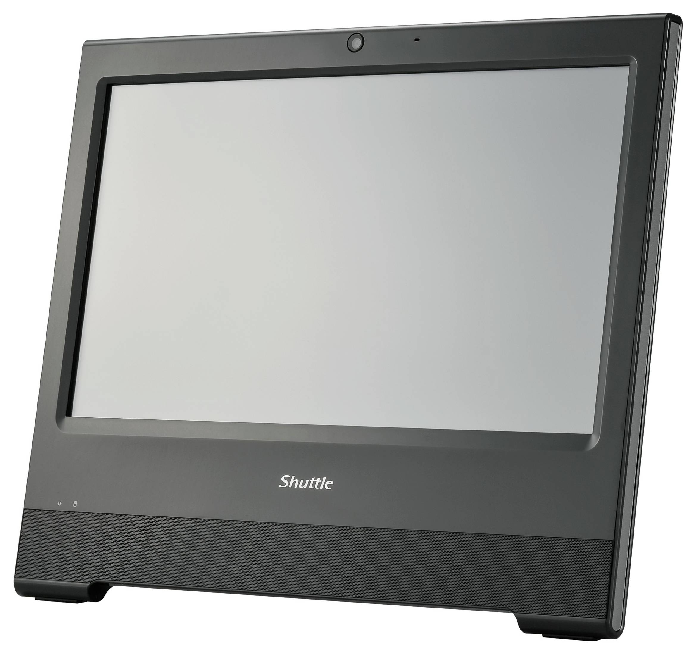 Ein schwarzer All-in-One-Computer mit großem Bildschirm und Webcam oben in der Mitte. Das Gerät steht auf einem Tisch.