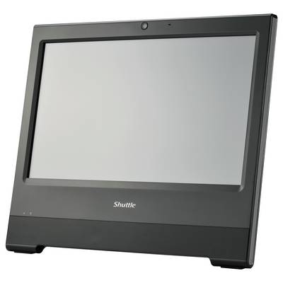 Ein schwarzer All-in-One-Computer mit großem Bildschirm und Webcam oben in der Mitte. Das Gerät steht auf einem Tisch.