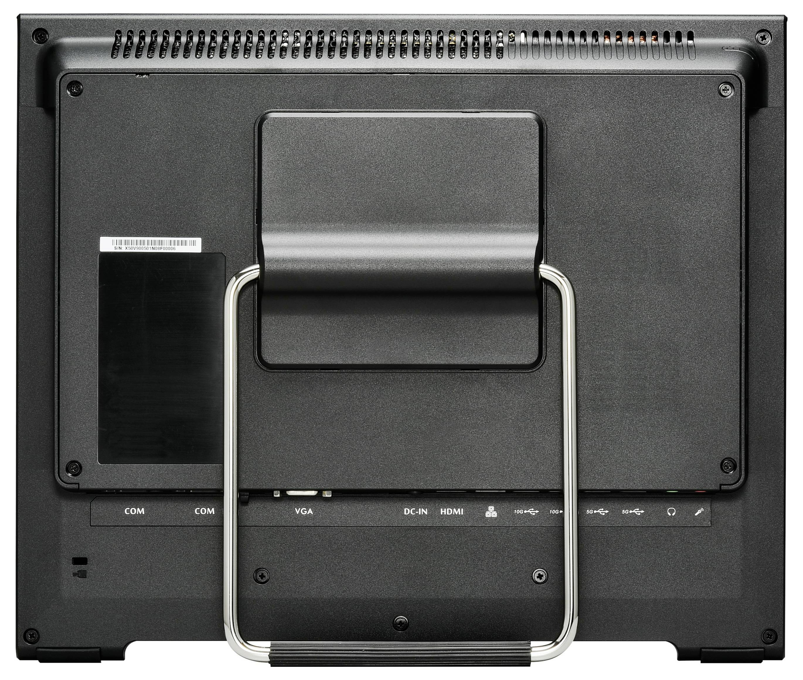 Die Rückseite eines Monitors mit Anschlüssen: COM, VGA, DC IN, HDMI. Auf der Rückseite befindet sich ein Haltegriff.