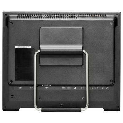 Die Rückseite eines Monitors mit Anschlüssen: COM, VGA, DC IN, HDMI. Auf der Rückseite befindet sich ein Haltegriff.