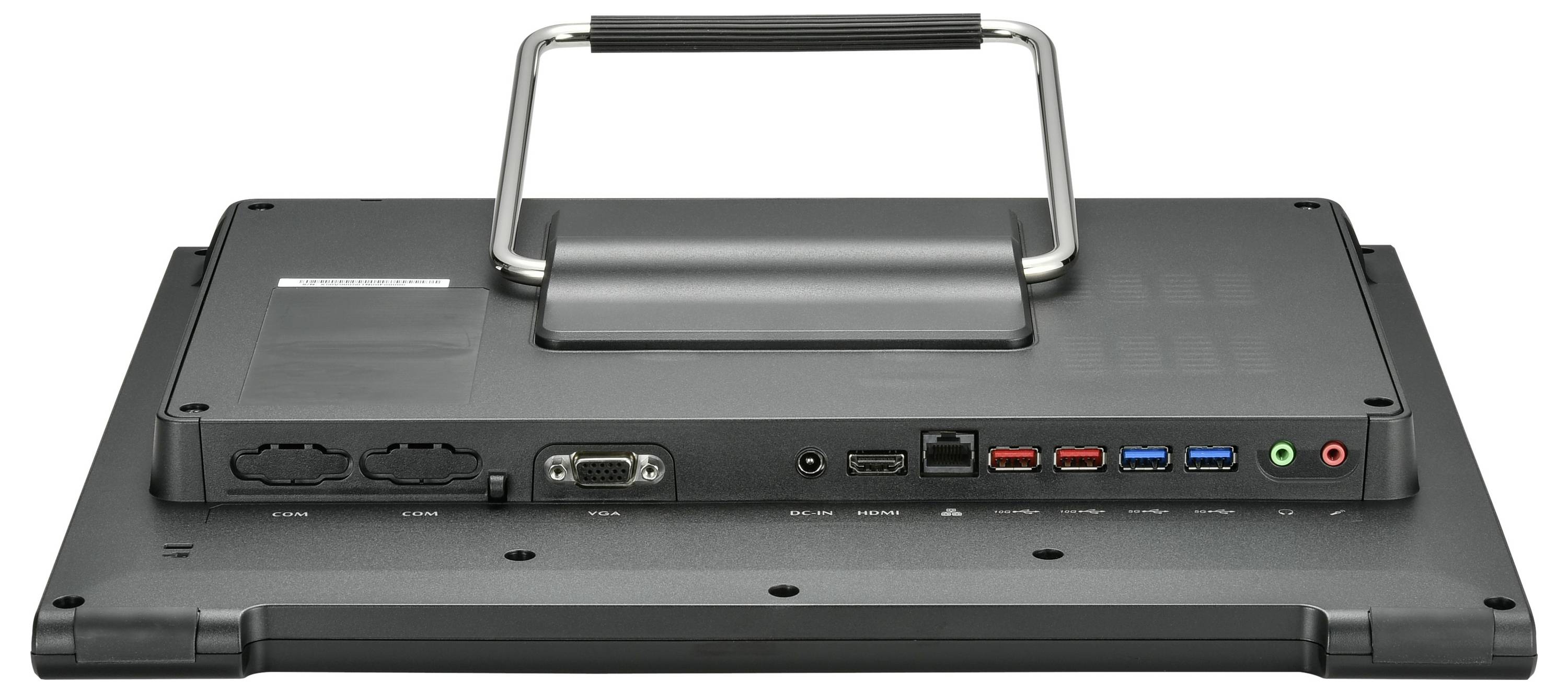 Tragbarer Monitor von hinten mit Griff, mehreren Anschlüssen und Lüftungsschlitzen.