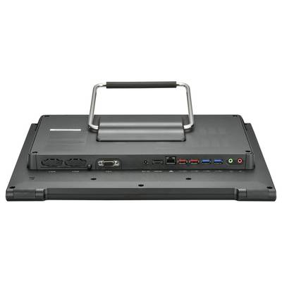 Tragbarer Monitor von hinten mit Griff, mehreren Anschlüssen und Lüftungsschlitzen.