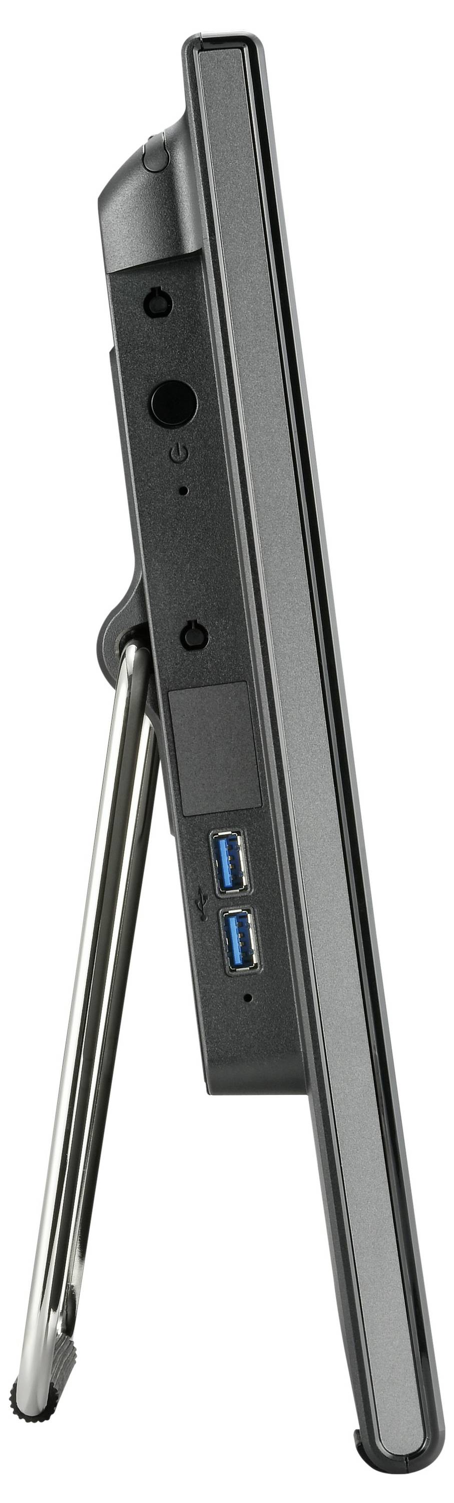 Seitenansicht eines schwarzen Computermonitors mit Ständer, zwei USB-Anschlüssen und Audioanschlüssen auf der Rückseite.