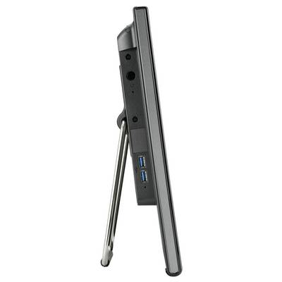 Seitenansicht eines schwarzen Computermonitors mit Ständer, zwei USB-Anschlüssen und Audioanschlüssen auf der Rückseite.