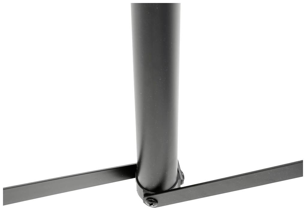 Schwarzer Standfuß eines Möbelstücks oder Geräts aus Metall, bestehend aus einem vertikalen Rohr und zwei horizontalen Beinen.