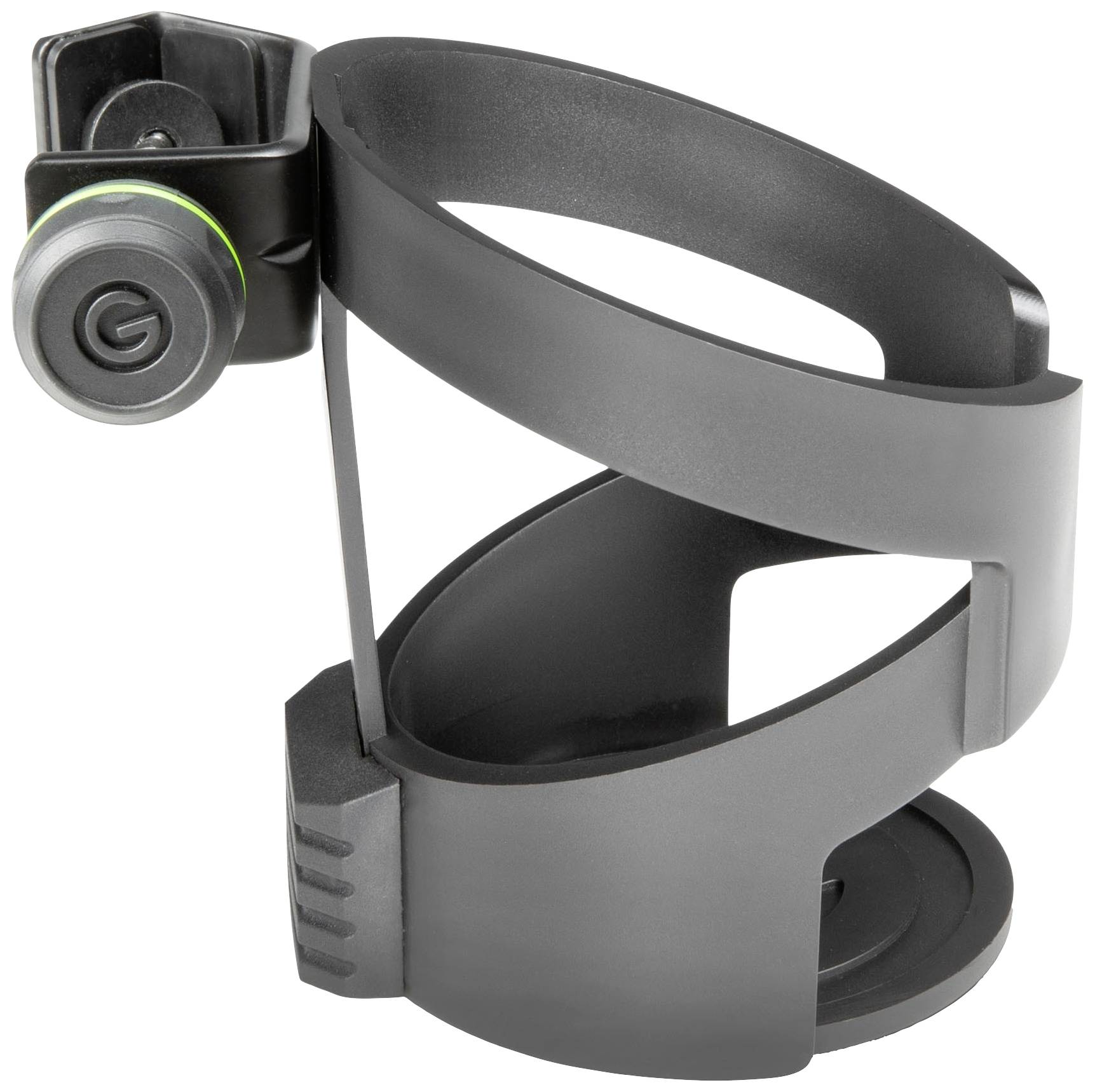 Ein schwarzer, verstellbarer Getränkehalter für das Auto mit einem Drehmechanismus zur Stabilisierung verschiedener Flaschengrößen.