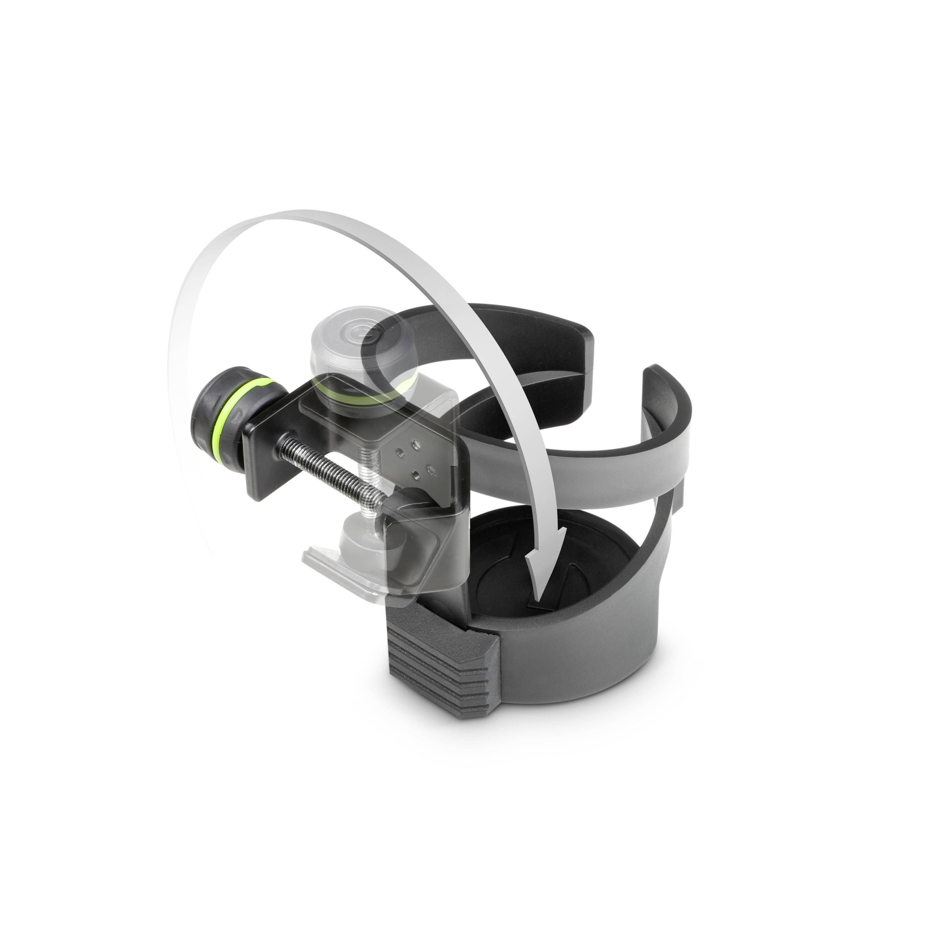 Ein runder Getränkehalter mit verstellbarer Klemme und flexiblem Riemen. Geeignet zur Befestigung an verschiedenen Oberflächen.