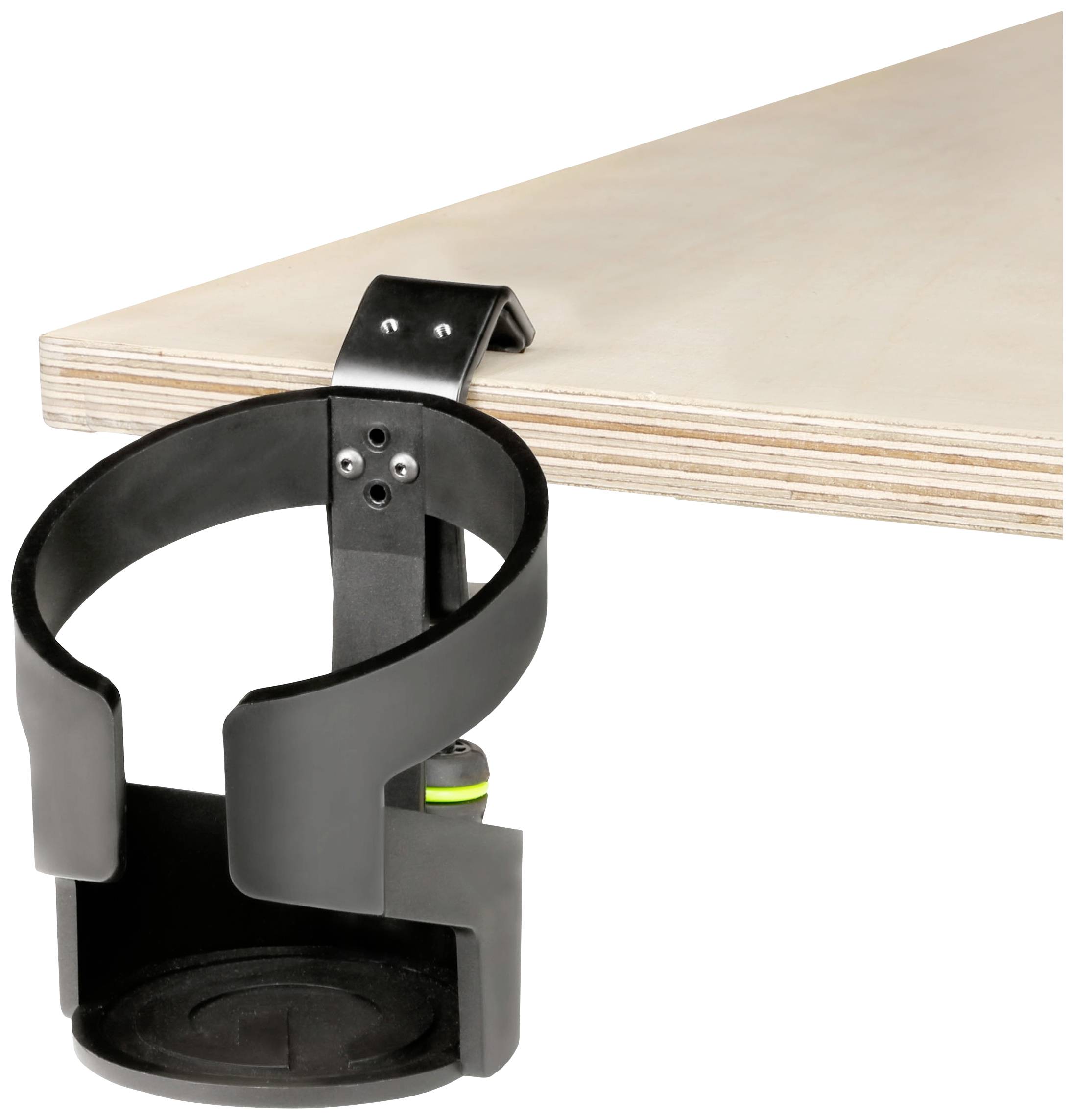 Becherhalter aus Metall, der an einer Tischkante befestigt ist.