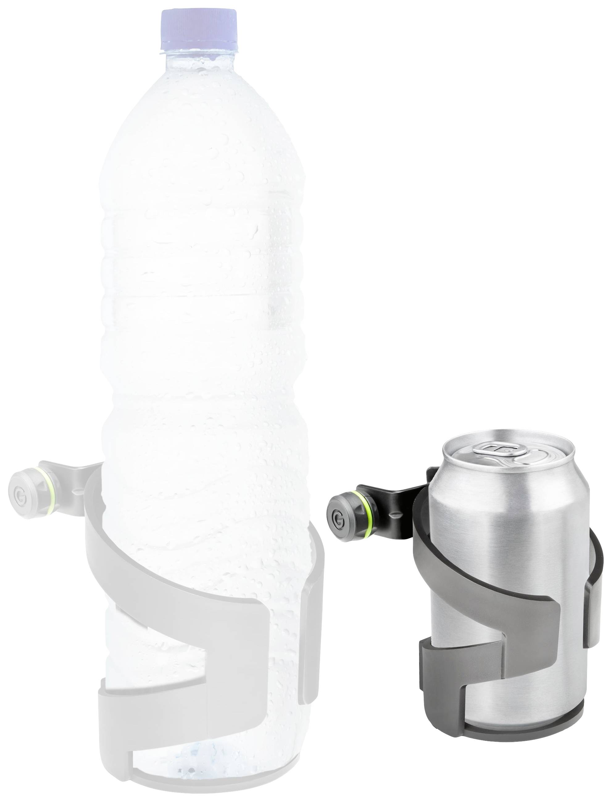 'Abbildung von zwei Getränkehaltern: Einer hält eine große Plastikflasche, der andere eine metallische Getränkedose.'