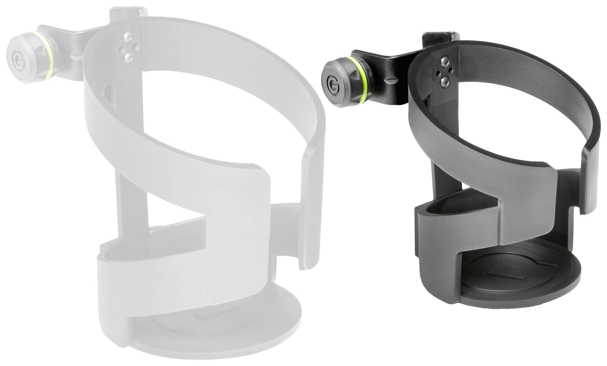 Zwei schwarze Getränkehalter, einer glänzend, einer matt, aus Kunststoff, nebeneinander stehend. Beide mit demselben Design.