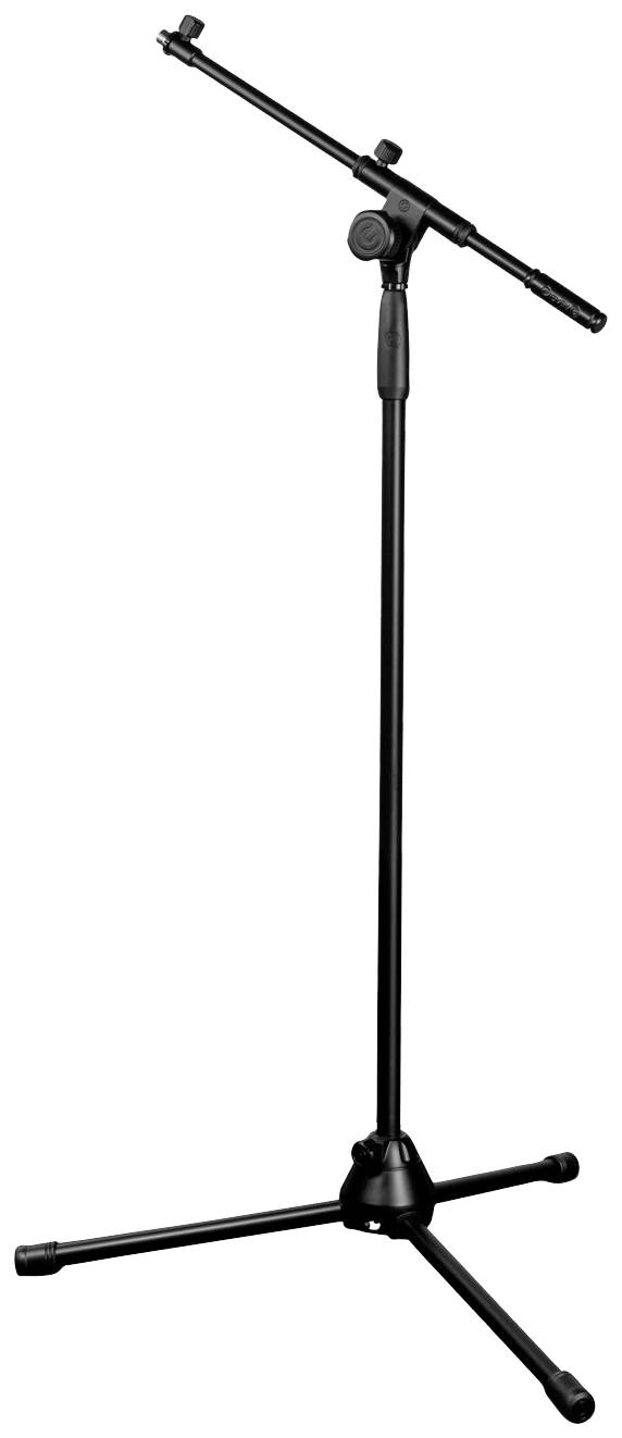 Ein schwarzes, verstellbares Mikrofonständer mit drei Beinen und einem ausziehbaren Arm, geeignet für Studio- oder Bühneneinsätze.