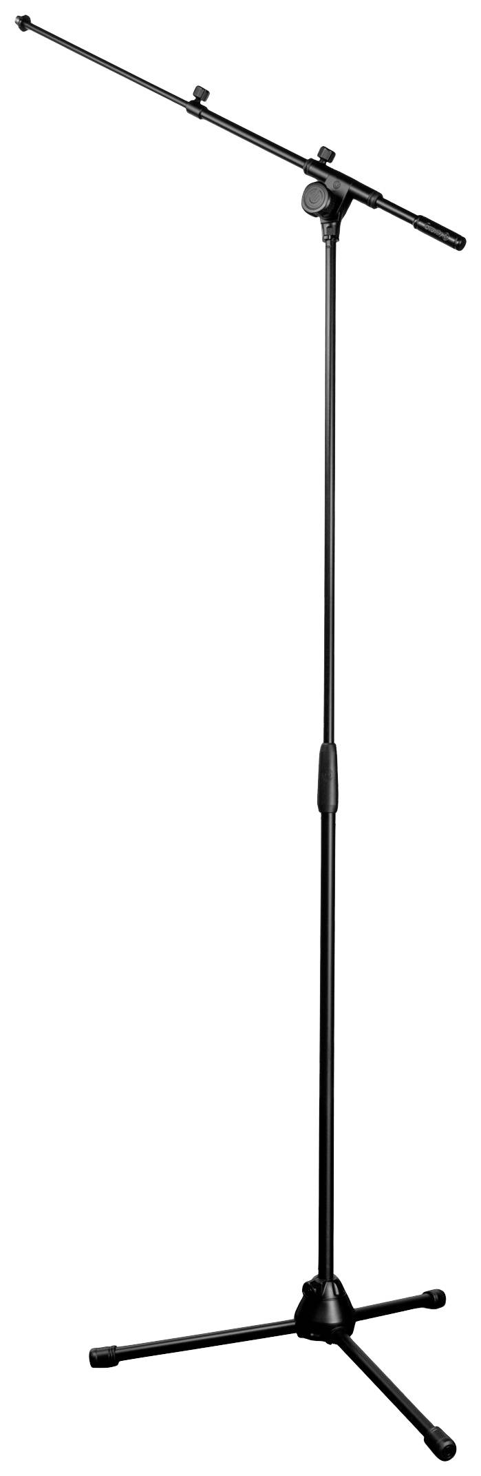 Ein schwarzes Mikrofonstativ mit verstellbarem Auslegerarm und dreibeinigem Standfuß. Essenziell für Bühnen- und Studioeinsätze.