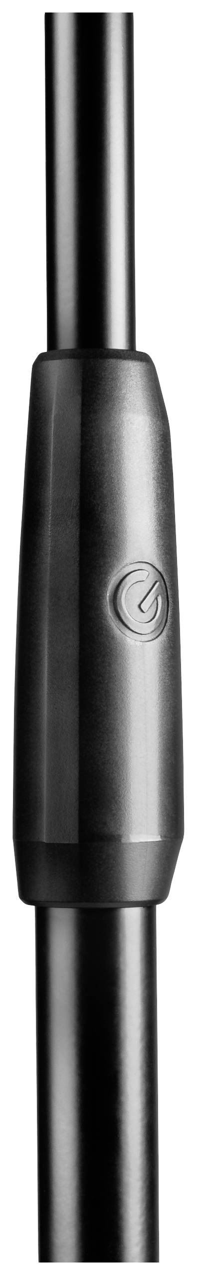 Ein schwarzer Metallstab mit einer glänzenden, zylindrischen Verbindung in der Mitte, die ein kleines kreisförmiges Logo trägt.