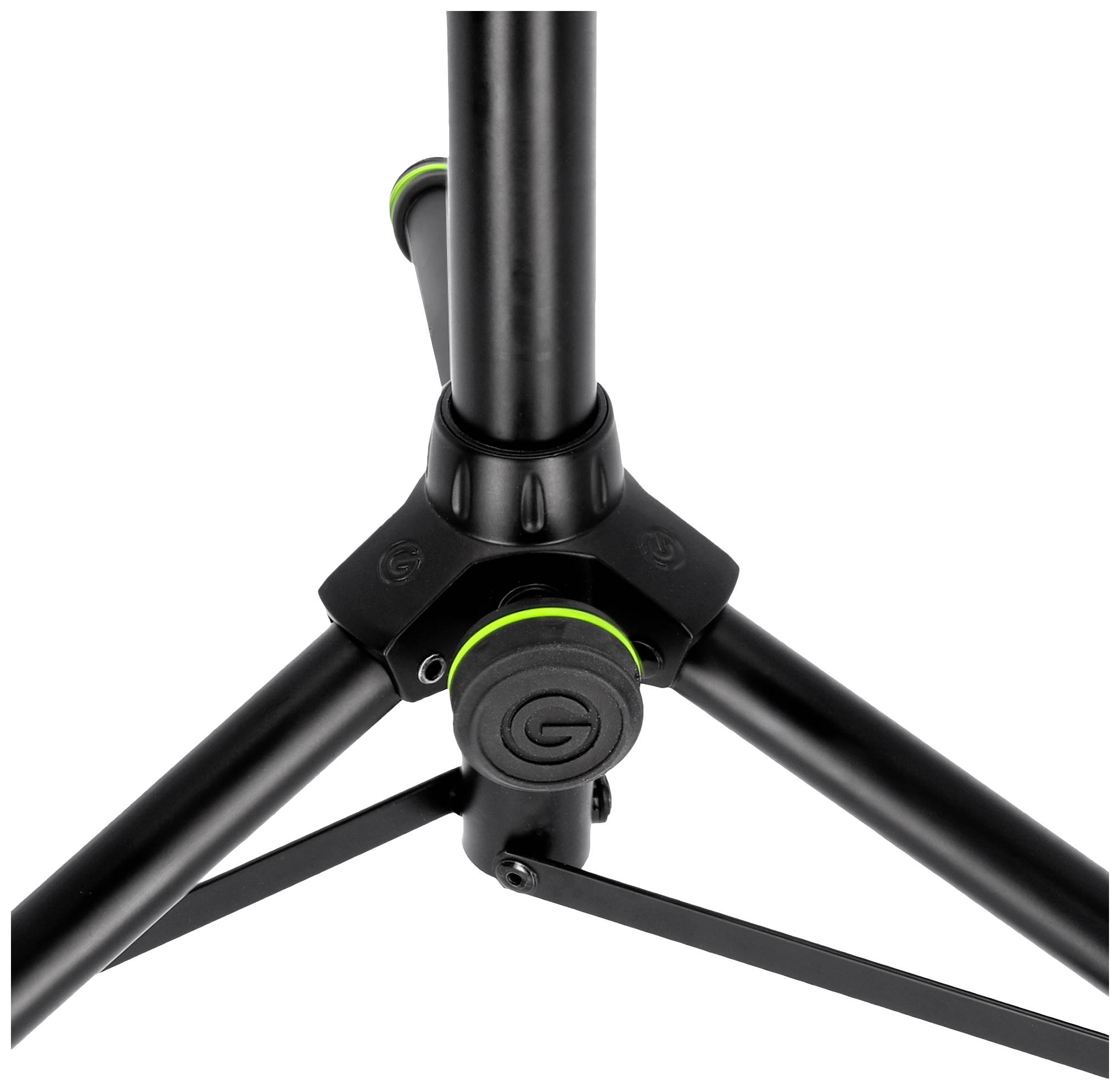 Schwarzes Dreibeinstativ mit grün-akzentuierten Gelenken, geeignet für verschiedene tragbare Geräte.
