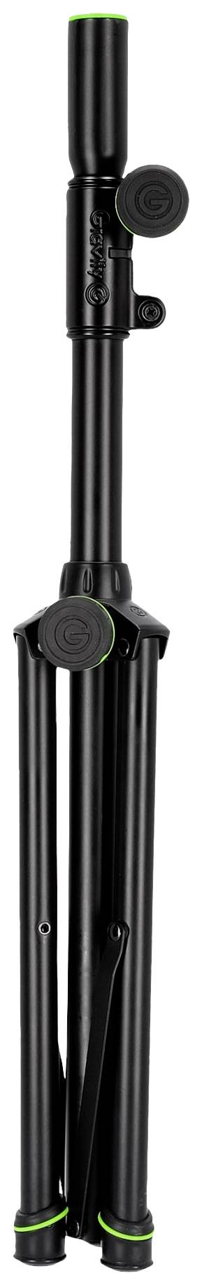 'Ein zusammengeklappter schwarzer Tripod-Ständer mit grünen Details, stehend in aufrechter Position.'