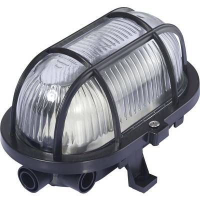 Eine ovale Außenlampe mit einem schützenden Gitter und gerilltem Glasgehäuse, geeignet für wetterfeste Beleuchtung im Freien.