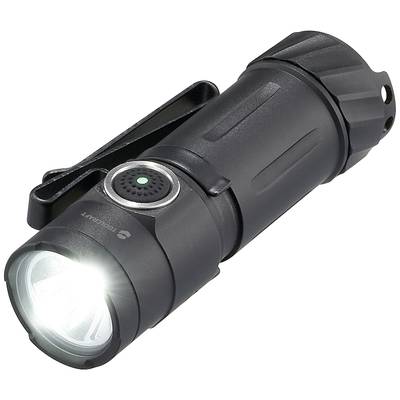 Schwarze Taschenlampe mit Clip, Frontansicht, leuchtet hell. Ideal für Outdoor-Aktivitäten und Notfälle.
