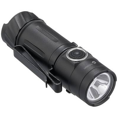 Eine schwarze, kompakte Taschenlampe mit Seitenschalter und Halteclip. Sie ist aus robustem Material gefertigt und hat eine leistungsstarke Linse.
