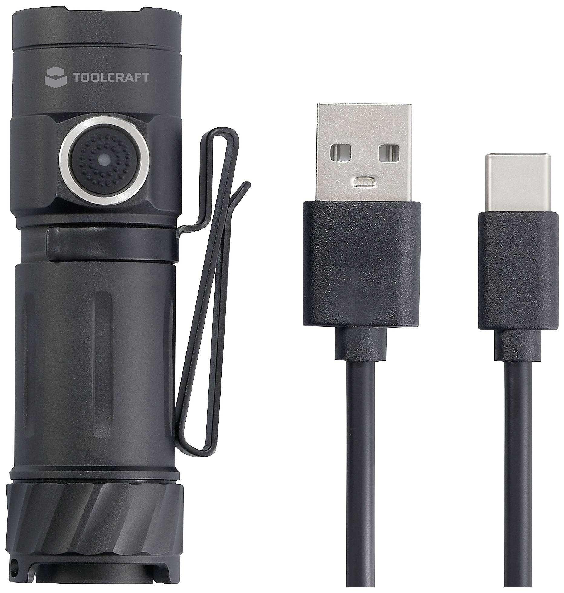 Kompakte schwarze Taschenlampe mit Befestigungsclip, daneben ein USB-C-Ladekabel. Geeignet für wiederaufladbare Nutzung im Outdoor-Bereich.