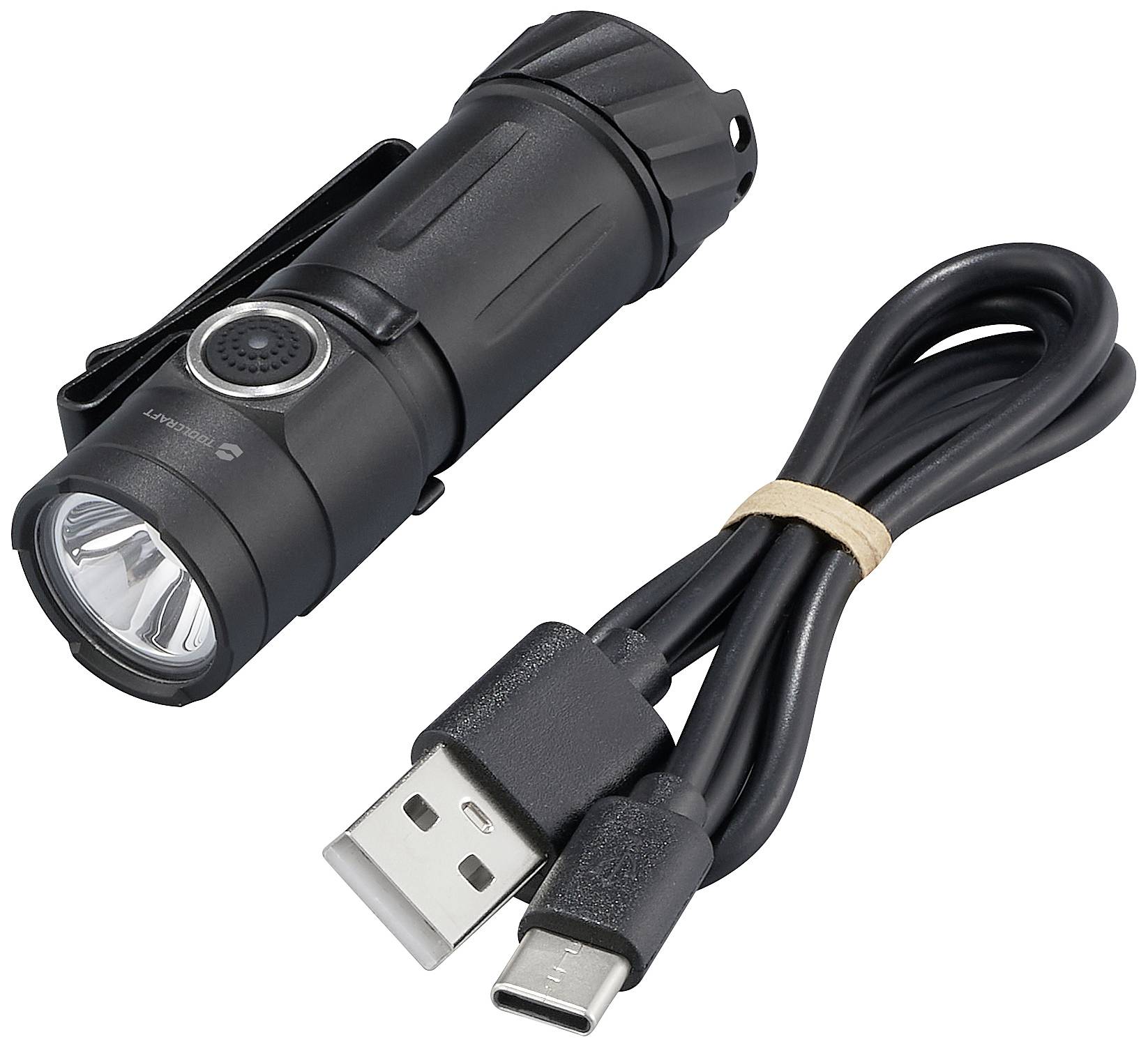 Handliche, schwarze LED-Taschenlampe mit USB-C-Port und zugehörigem Ladekabel, ideal für Outdoor-Aktivitäten und einfache Handhabung.