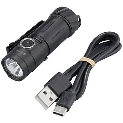 Handliche, schwarze LED-Taschenlampe mit USB-C-Port und zugehörigem Ladekabel, ideal für Outdoor-Aktivitäten und einfache Handhabung.