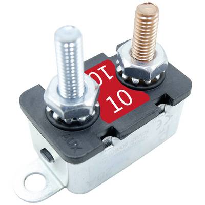 'Stromkreisunterbrecher mit zwei Schraubanschlüssen, einer aus Kupfer und einer aus Stahl. Aufdruck: 10V.'