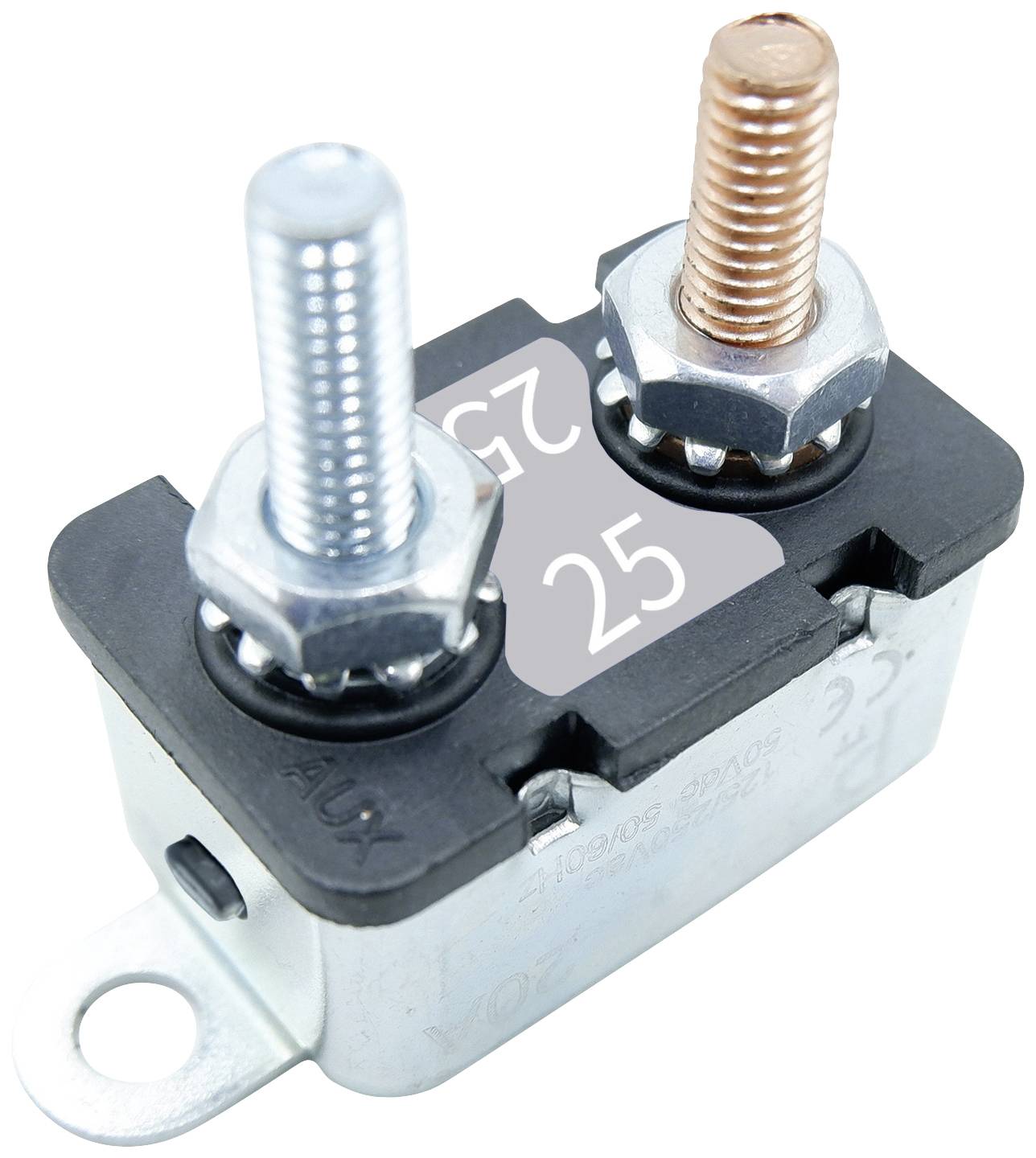 Zylindrische Sicherung mit zwei Gewindebolzen, einem silbernen und einem kupfernen. Gehäuse aus Metall und Kunststoff.