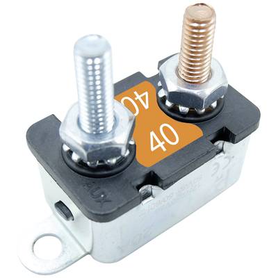 Ein elektrischer Hochstromsicherungshalter mit zwei Schraubklemmen, einer aus Kupfer, einer aus Aluminium, und einer Sicherung mit der Aufschrift '40'.