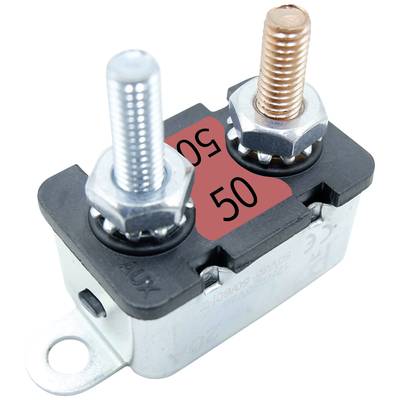 Ein Sicherungsblock mit zwei Schraubanschlüssen, einer silbern und einer kupferfarben, mit der Aufschrift '50 50'.