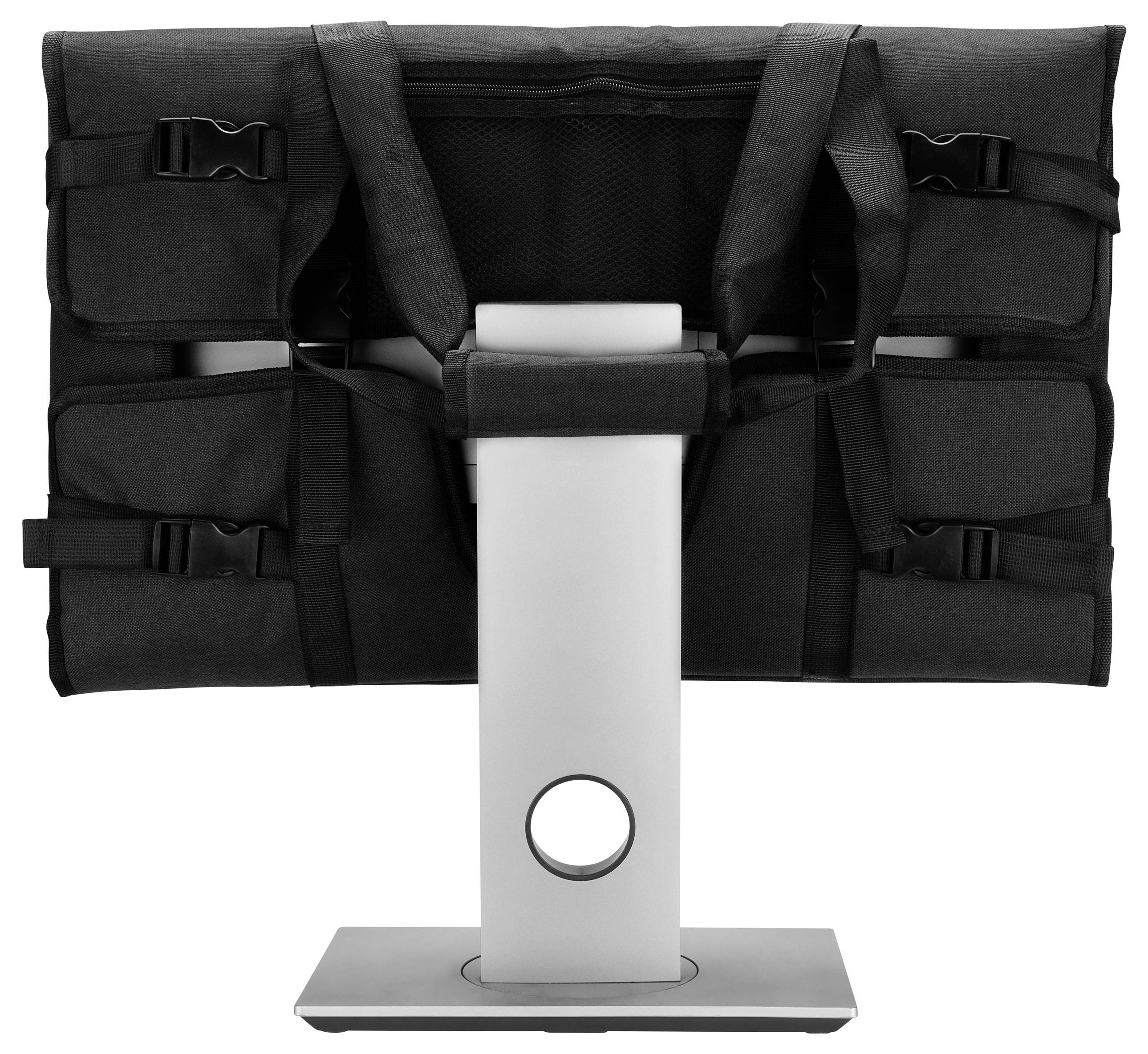 Ein Monitor mit einem schwarzen Schutzüberzug, der an der Rückseite mit Gurten gesichert ist. Der Ständer ist silberfarben.