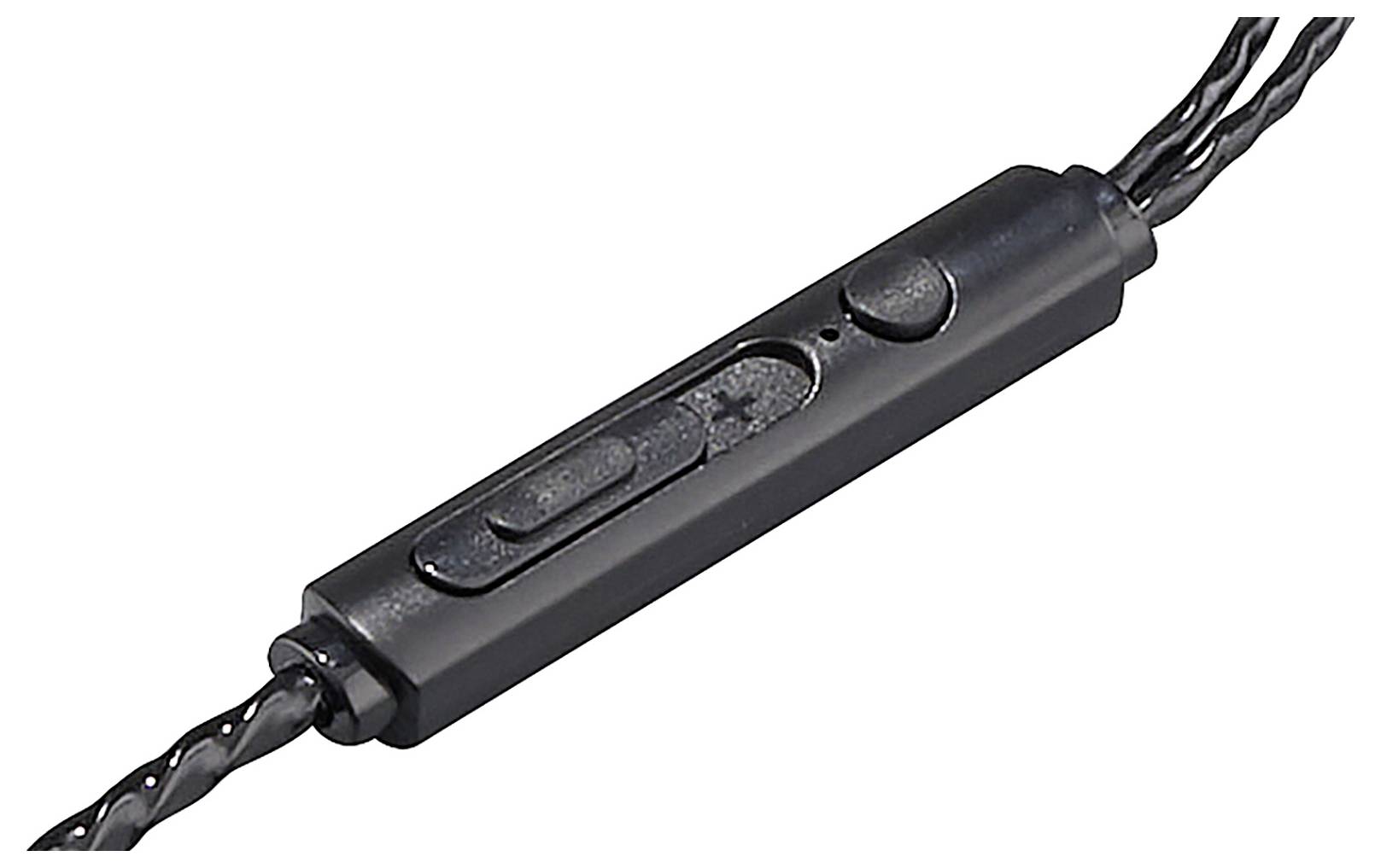 Schwarzer Kabelausschalter mit zwei Knöpfen, die an einem verdrehten Kabel angeschlossen sind.