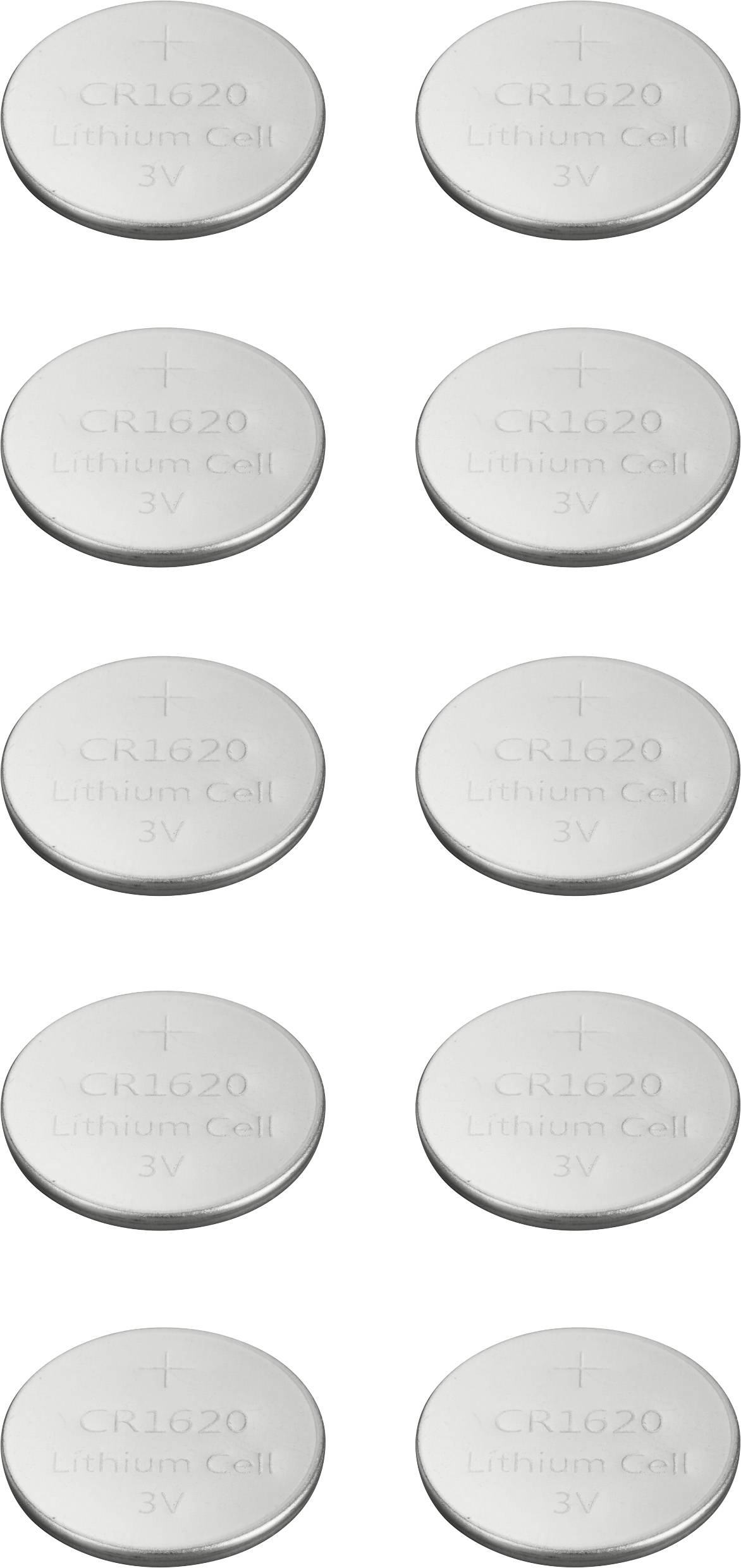 Zehn Knopfzellen-Batterien mit der Aufschrift 'CR1620 Lithium Cell 3V', gleichmäßig in zwei vertikalen Reihen angeordnet.