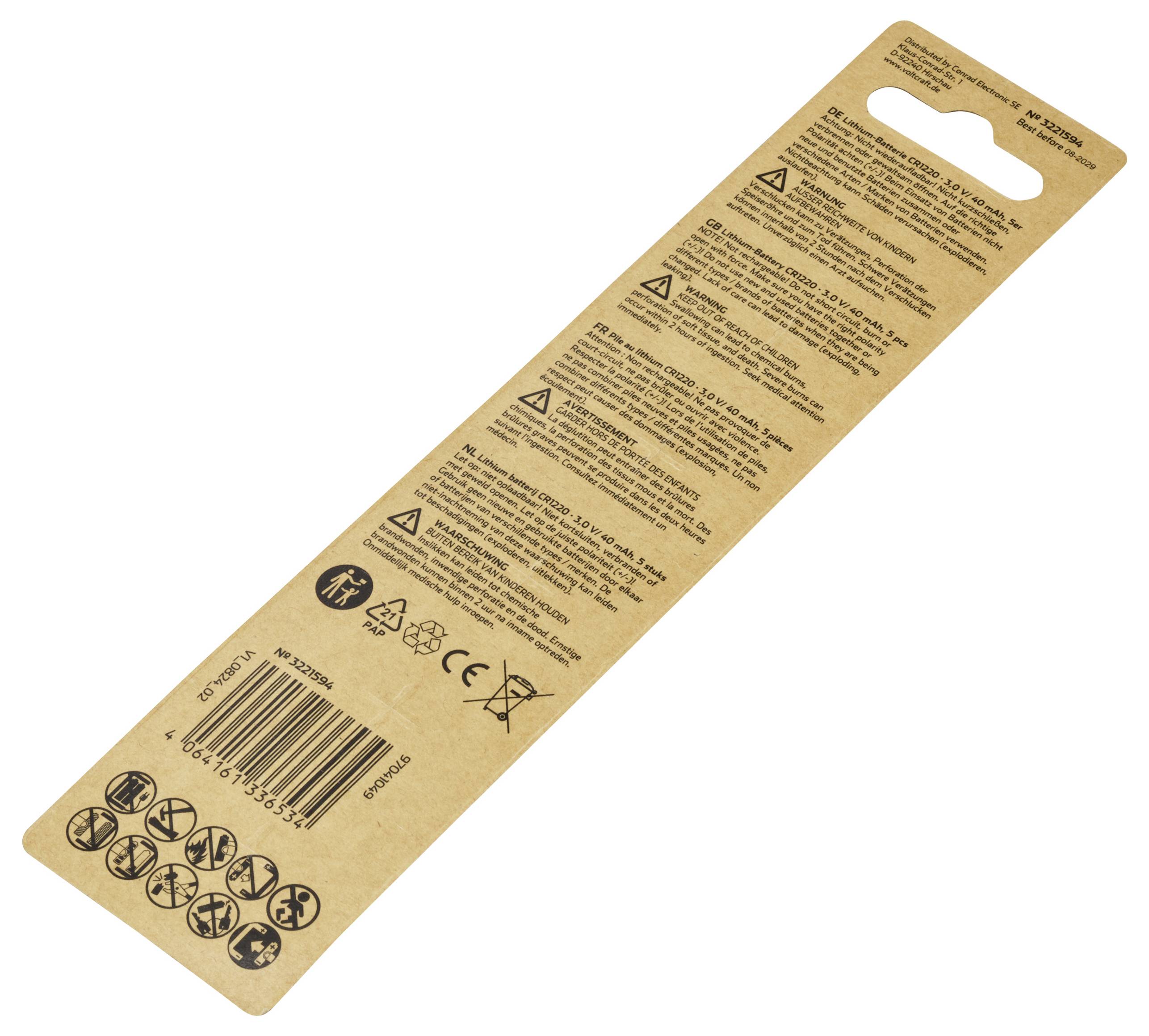 Eine braune Verpackung mit verschiedenen Sicherheitssymbolen, einer Strichcode-Nummer, Recyclinghinweisen und Gebrauchsanleitungen in mehreren Sprachen.