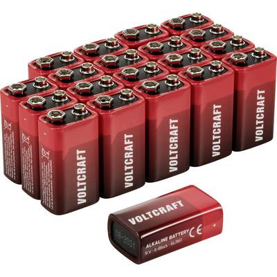 Eine Gruppe von 9-Volt-Batterien mit der Aufschrift 'Voltcraft', ordnungsgemäß aufgereiht, mit einer separaten Batterie im Vordergrund.