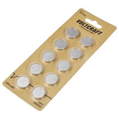 Eine Verpackung mit zwölf silbernen Knopfzellen-Batterien der Marke Voltcraft, Modell CR2032, 220 mAh, 3V.
