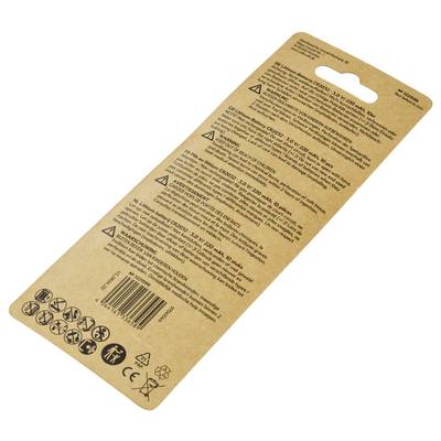 Rückseite einer braunen Verpackung mit Hinweisen und Warnungen in mehreren Sprachen. Symbole für Recycling, CE, und andere Zertifizierungen.
