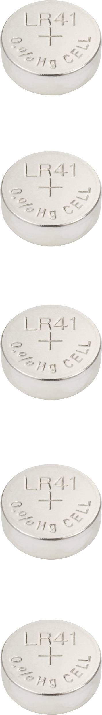 Fünf silberne Knopfzellen-Batterien, gekennzeichnet mit 'LR41', gestapelt.
