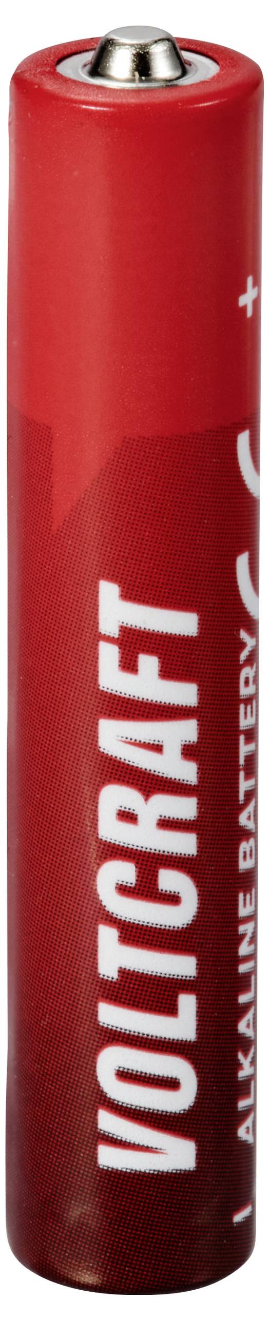 Rote AA-Alkalibatterie mit der Aufschrift 'Voltcraft'. Obere Anschlüsse sichtbar. Batterie steht aufrecht.