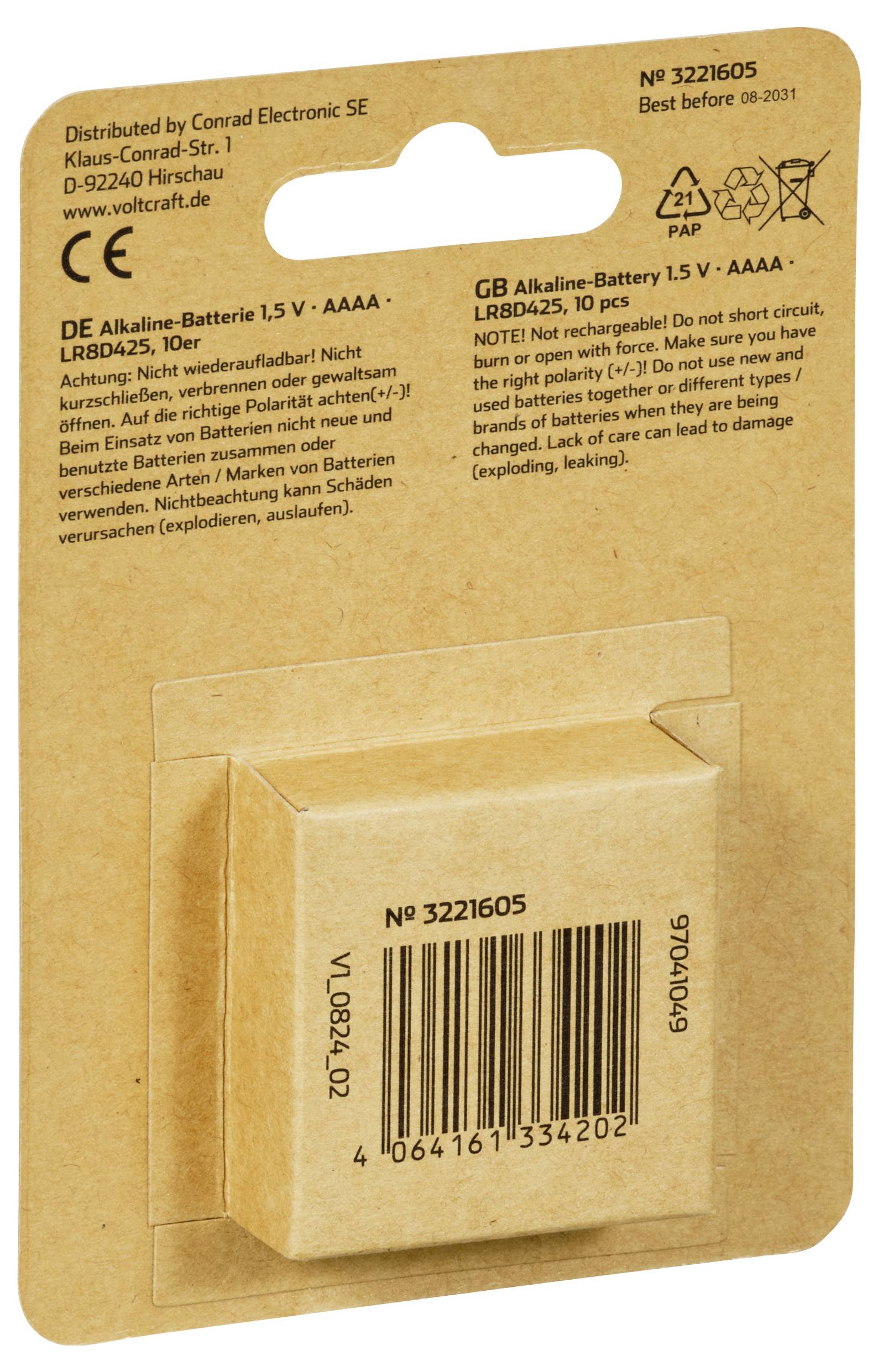 Rückseite einer Batterieverpackung mit Produktinformationen, Strichcode und Warnhinweisen in mehreren Sprachen.