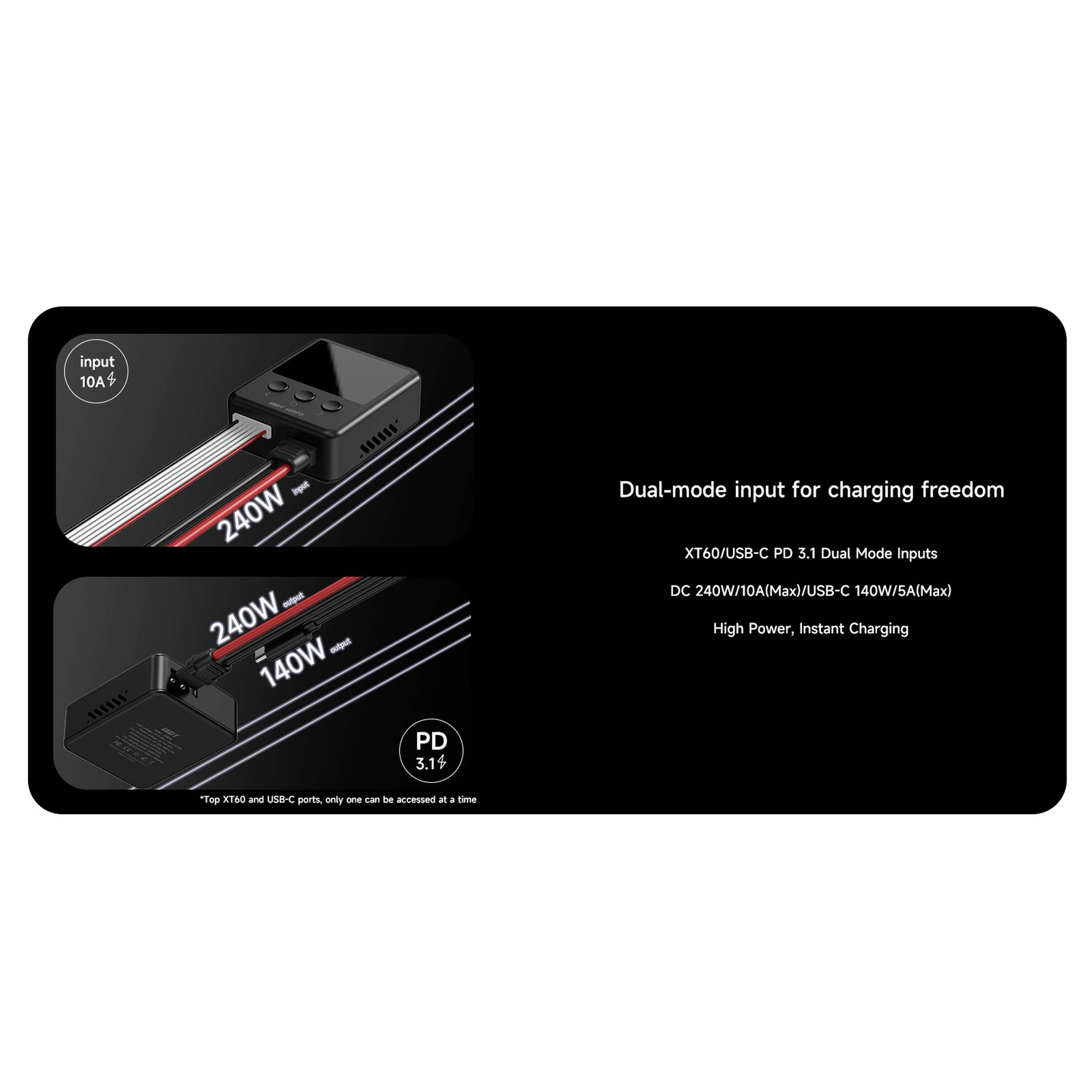 'Dual-Mode-Eingang für Ladefreiheit: 240W (10A Max/USB) + 140W (5A Max), hohe Leistung, sofortiges Laden. XT60/USB-C PD 3.1 Dual Mode Inputs.'